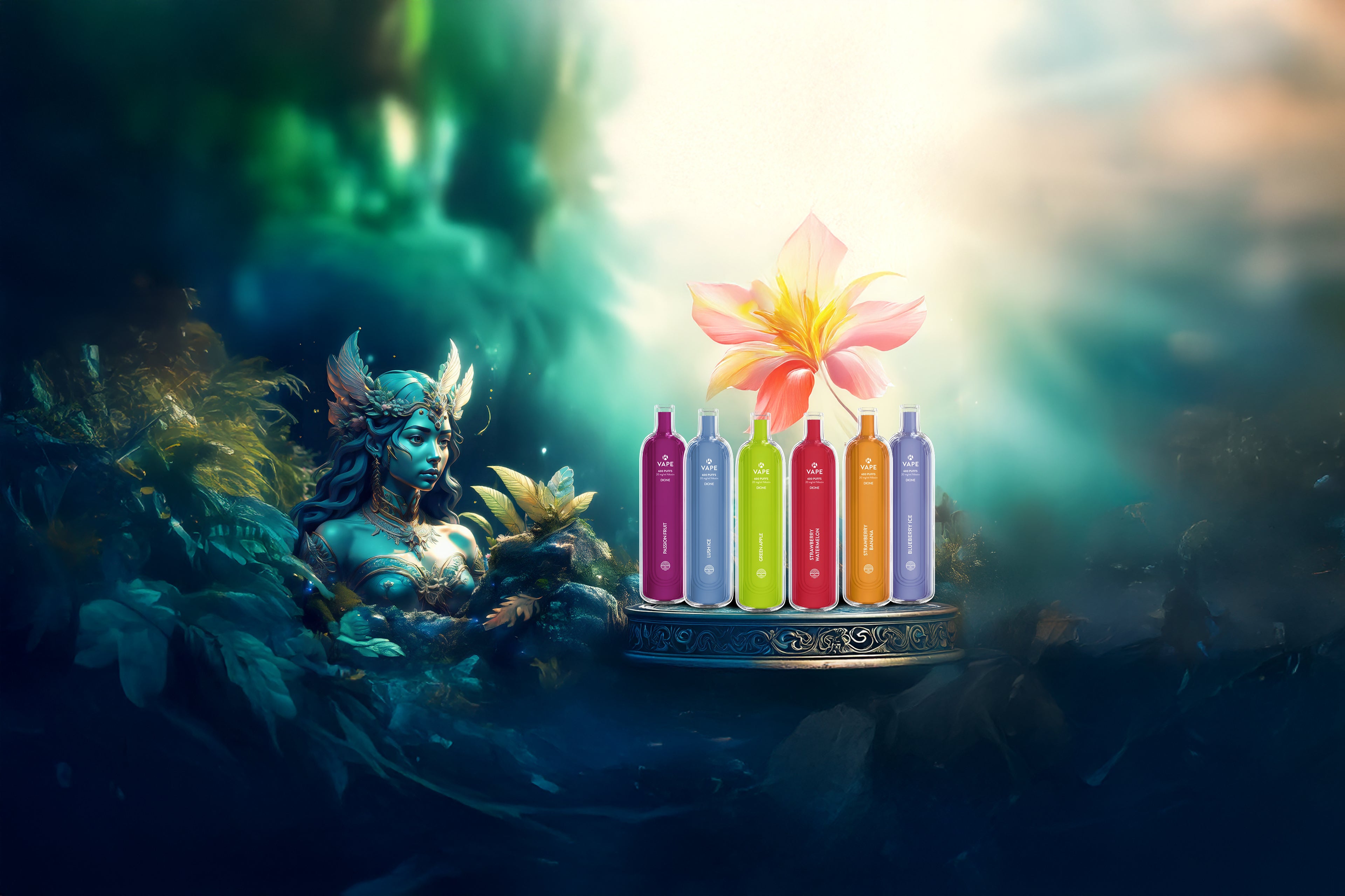 Fantasiehafte Göttin in blauer Umgebung mit floralen Elementen. Im Vordergrund eine leuchtende Blüte und sieben farbige K-Vape E-Zigaretten auf verziertem Podest – Sorten wie Blueberry Ice, Mango und Lime. Die DIONE Einweg E-Zigarette.