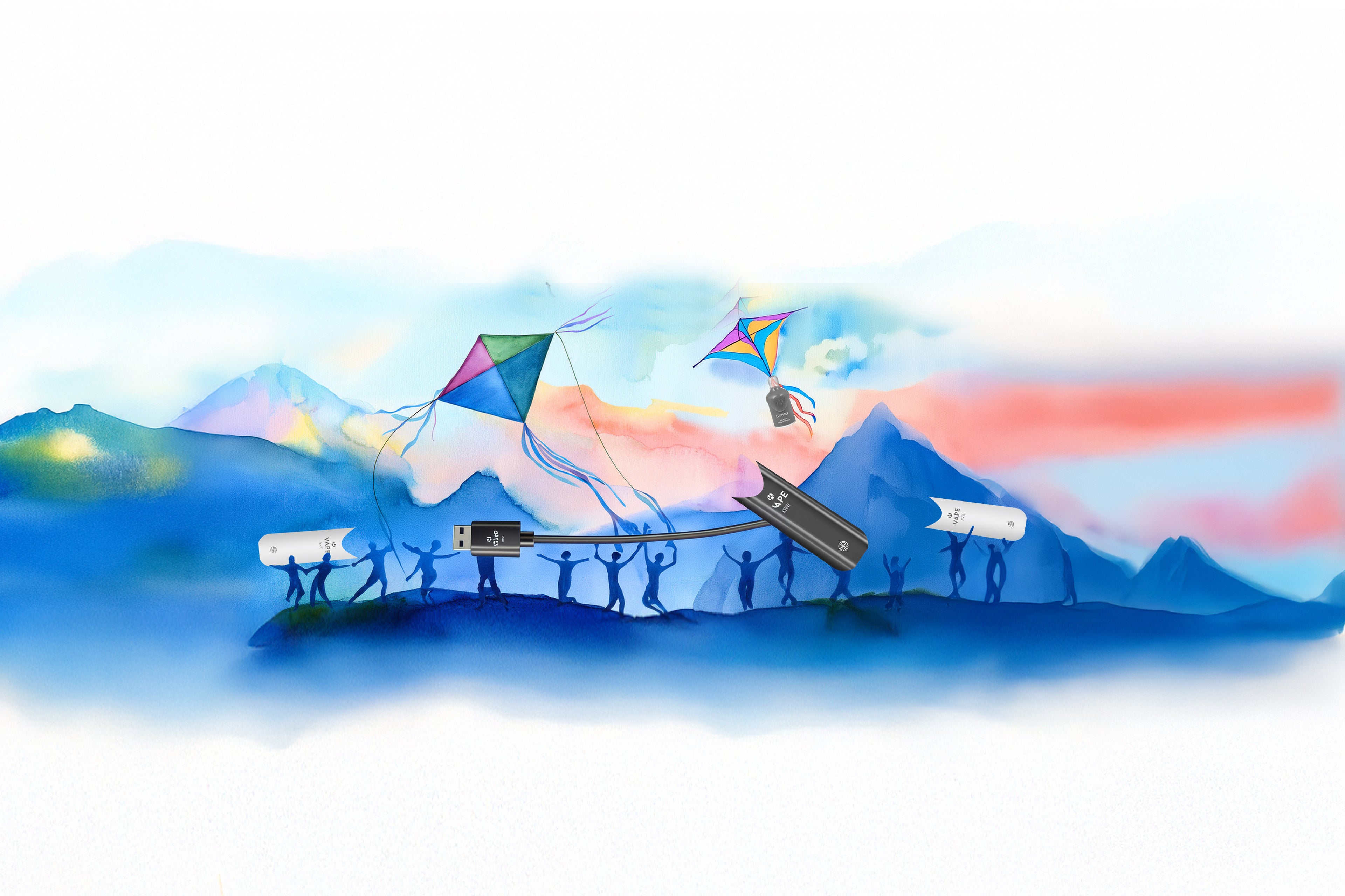 Illustration mit stilisierten Menschen, die K-Vape Mehrweg-Geräte und Ladezubehör über bunte Landschaft tragen. Zwei E-Zigaretten-Modelle und USB-Ladekabel, im Hintergrund Drachen und Berge. Werbebotschaft: 'Mehrweg – Vielfalt, Stil, Nachhaltigkeit.