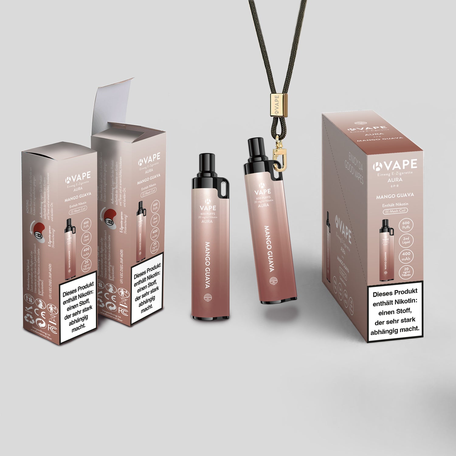 Mehrere K-Vape AURA Einweg-E-Zigaretten und Verpackungen in der Sorte Mango Guava. Zu sehen: stylisches Metallic-LOOK-Gehäuse, seitliche Trageöse für z.B. Lanyard.  Kompaktes Design für unterwegs.