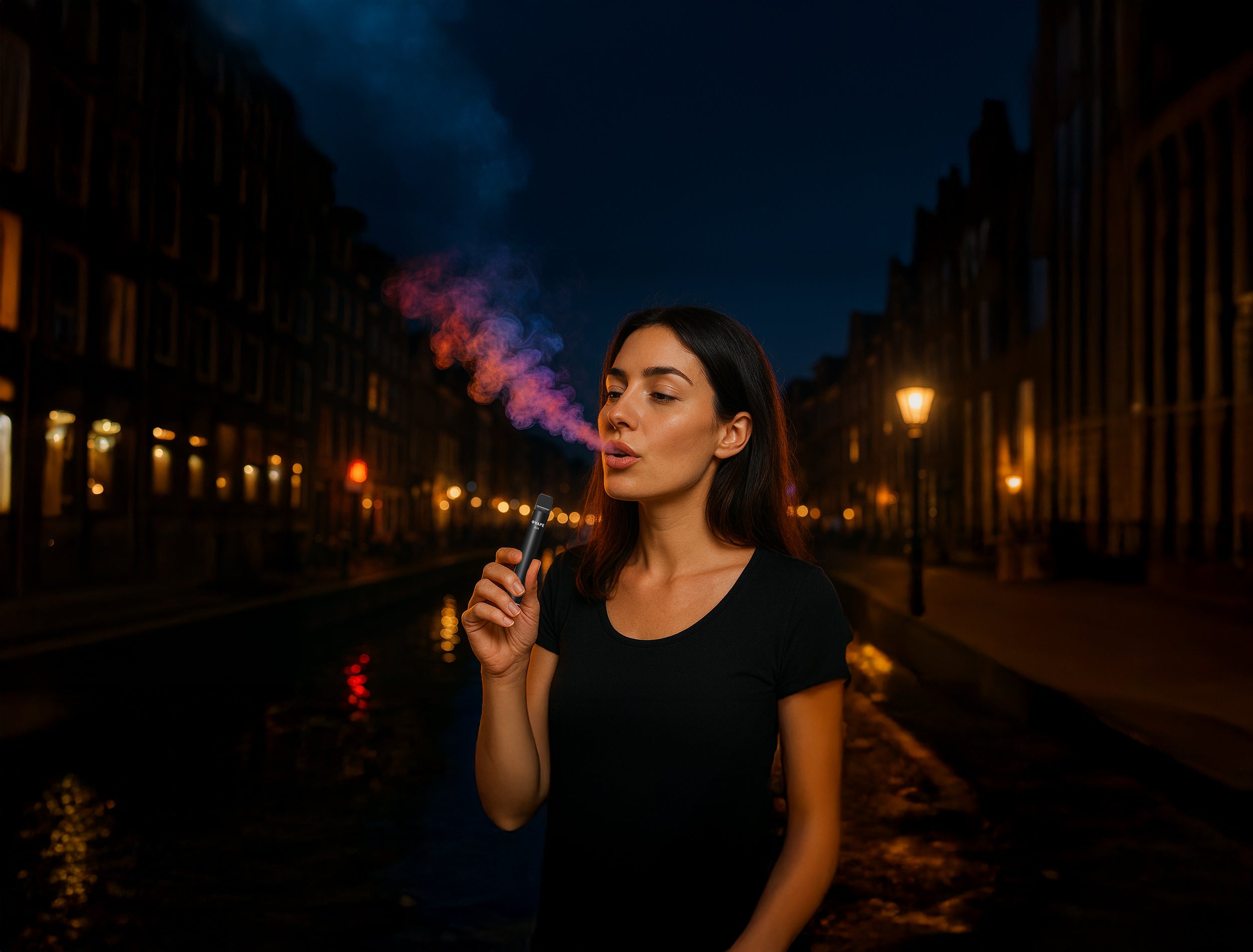 Eine Frau die genüßlich vapend an einem lauen Sommerabend durch die strassen zieht.