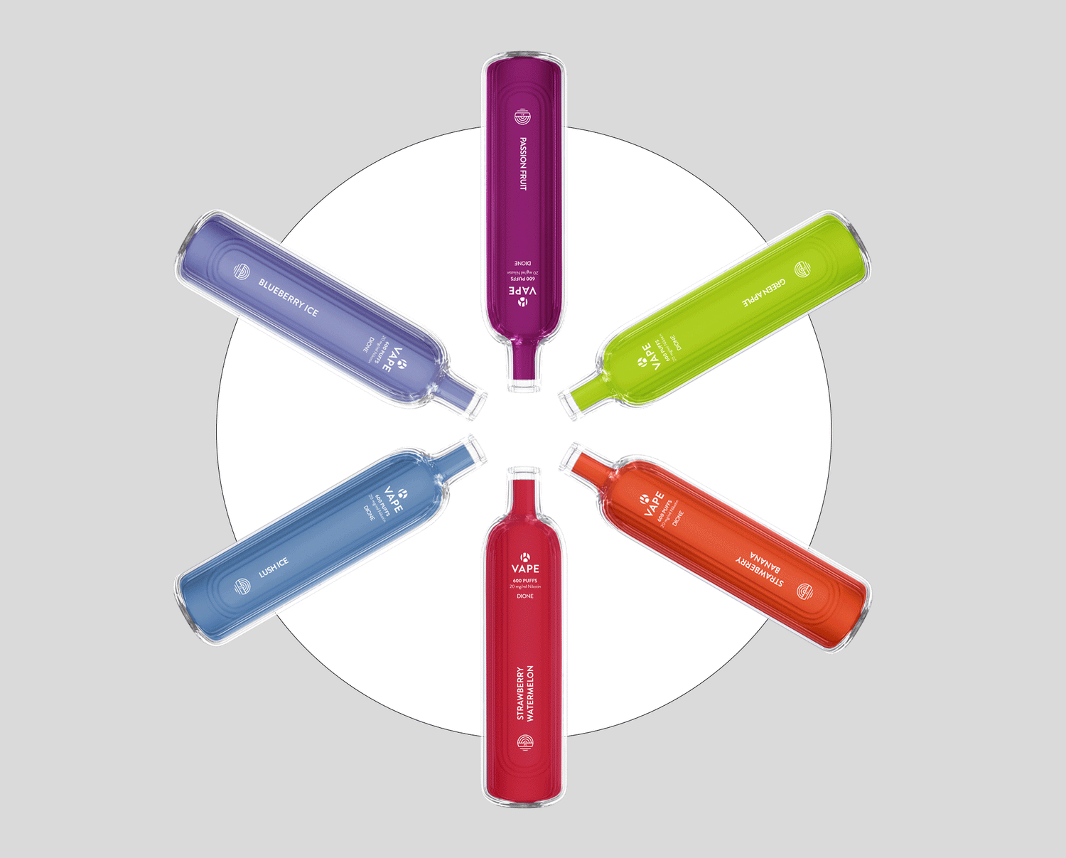 Sechs farbige K-Vape DIONE Einweg-E-Zigaretten kreisförmig angeordnet auf weißem Hintergrund. Zu sehen sind alle Sorten animiert die sich im Kreis drehen.