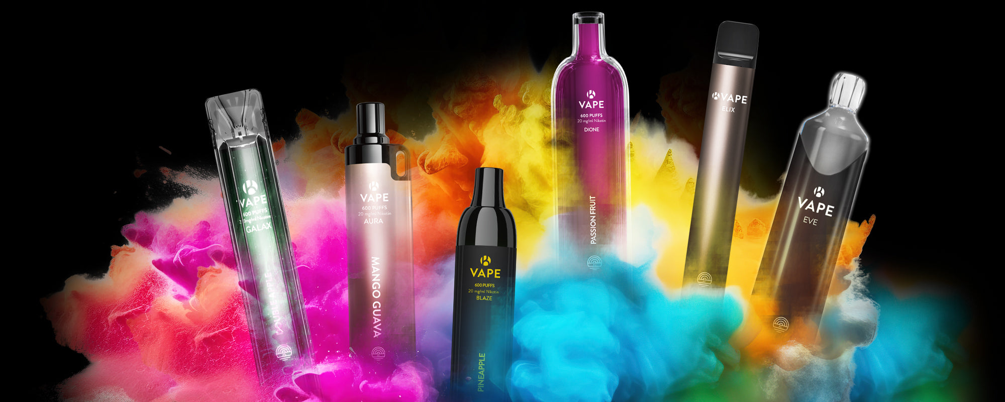 Sieben K-Vape Geräte vor schwarzem Hintergrund mit buntem Farbnebel. Zu sehen sind Modelle aus Einweg- und Mehrwegserien: GALAX, AURA, BLAZE, DIONE, ELIX und EVE – jeweils mit unterschiedlichen Designs und Farben.