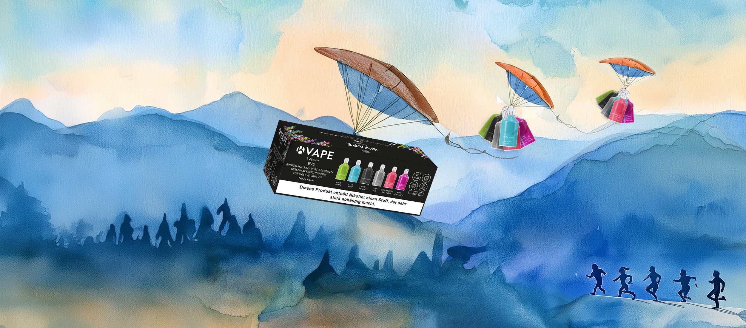 Illustration mit blauem Bergpanorama im Aquarellstil, im Vordergrund schwarze EVE 6er-Packung mit bunten E-Zigaretten. Zwei Fallschirme transportieren weitere Pods, unten rechts laufen fünf stilisierte Menschen in in Richtung Fallschirme.
