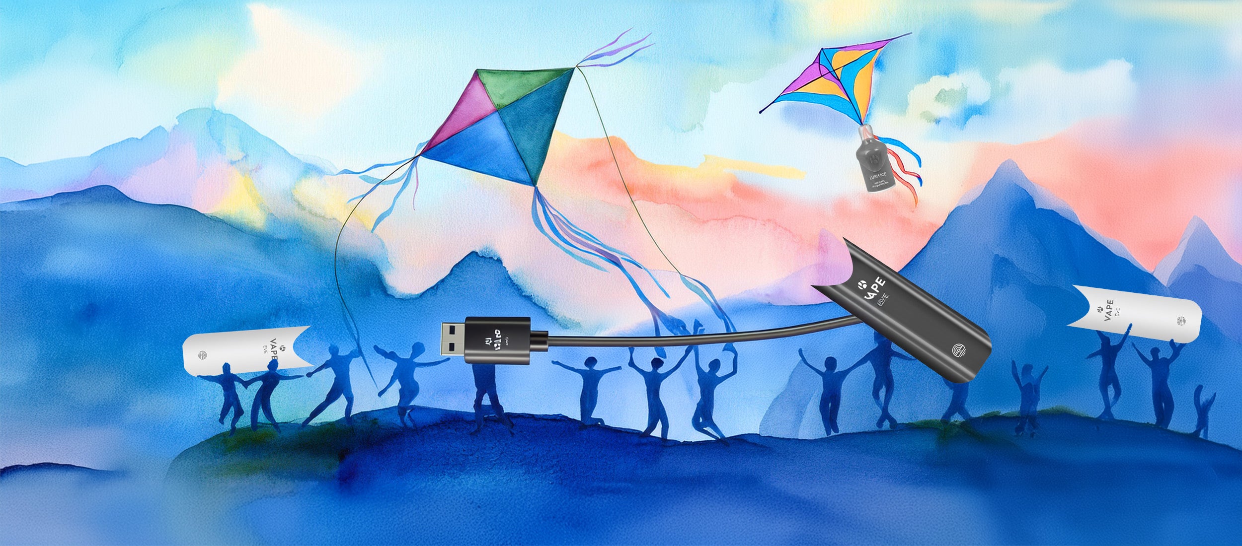 Illustration mit stilisierten Menschen, die K-Vape Mehrweg-Geräte und Ladezubehör über bunte Landschaft tragen. Zwei E-Zigaretten-Modelle und USB-Ladekabel, im Hintergrund Drachen und Berge. Werbebotschaft: 'Mehrweg – Vielfalt, Stil, Nachhaltigkeit.