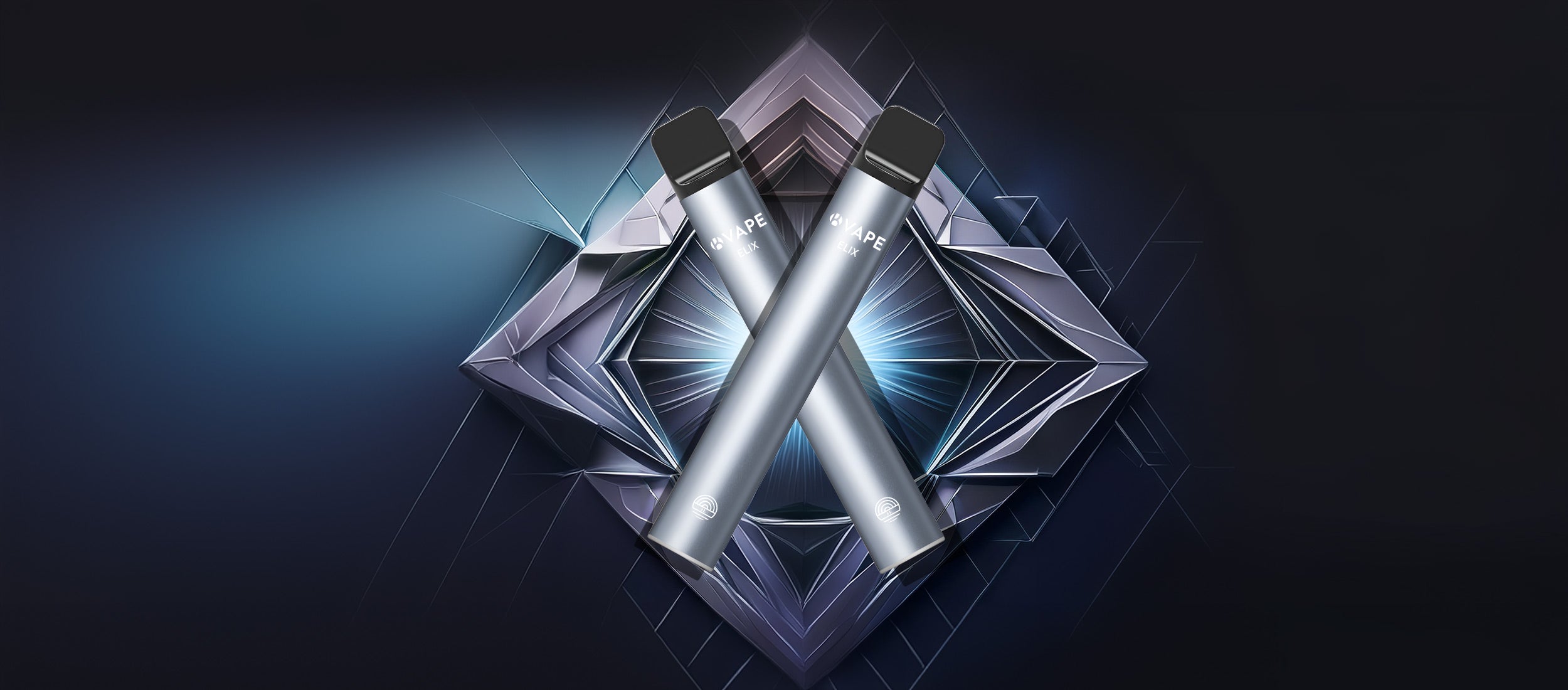 Zwei silberne ELIX Mehrweg E-Zigaretten gekreuzt vor geometrischem, diamantartigem Hintergrund mit blauem Leuchteffekt auf dunkler Fläche.