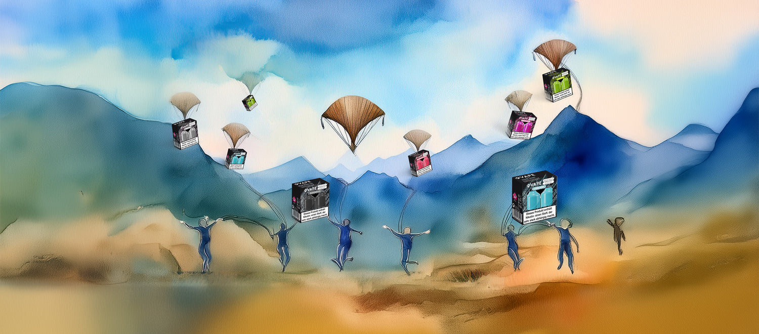 Stilisierte Landschaft mit schwebenden Nachfüllpod-Verpackungen, die an Fallschirmen gleiten. Menschen fangen fruchtige K-Vape EVE-Pods in Sorten wie Blue Razz Ice, Aloe Grape und Pink Lemonade. Hinweis: Immer zwei Pods pro Verpackung.
