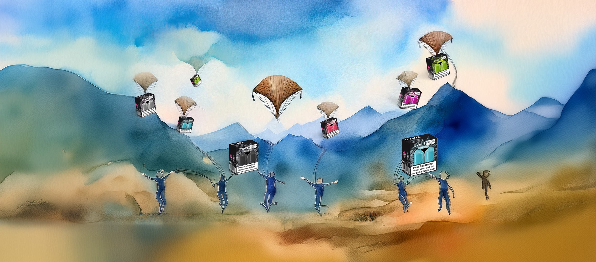 Stilisierte Landschaft mit schwebenden Nachfüllpod-Verpackungen, die an Fallschirmen gleiten. Menschen fangen fruchtige K-Vape EVE-Pods in Sorten wie Blue Razz Ice, Aloe Grape und Pink Lemonade. Hinweis: Immer zwei Pods pro Verpackung.