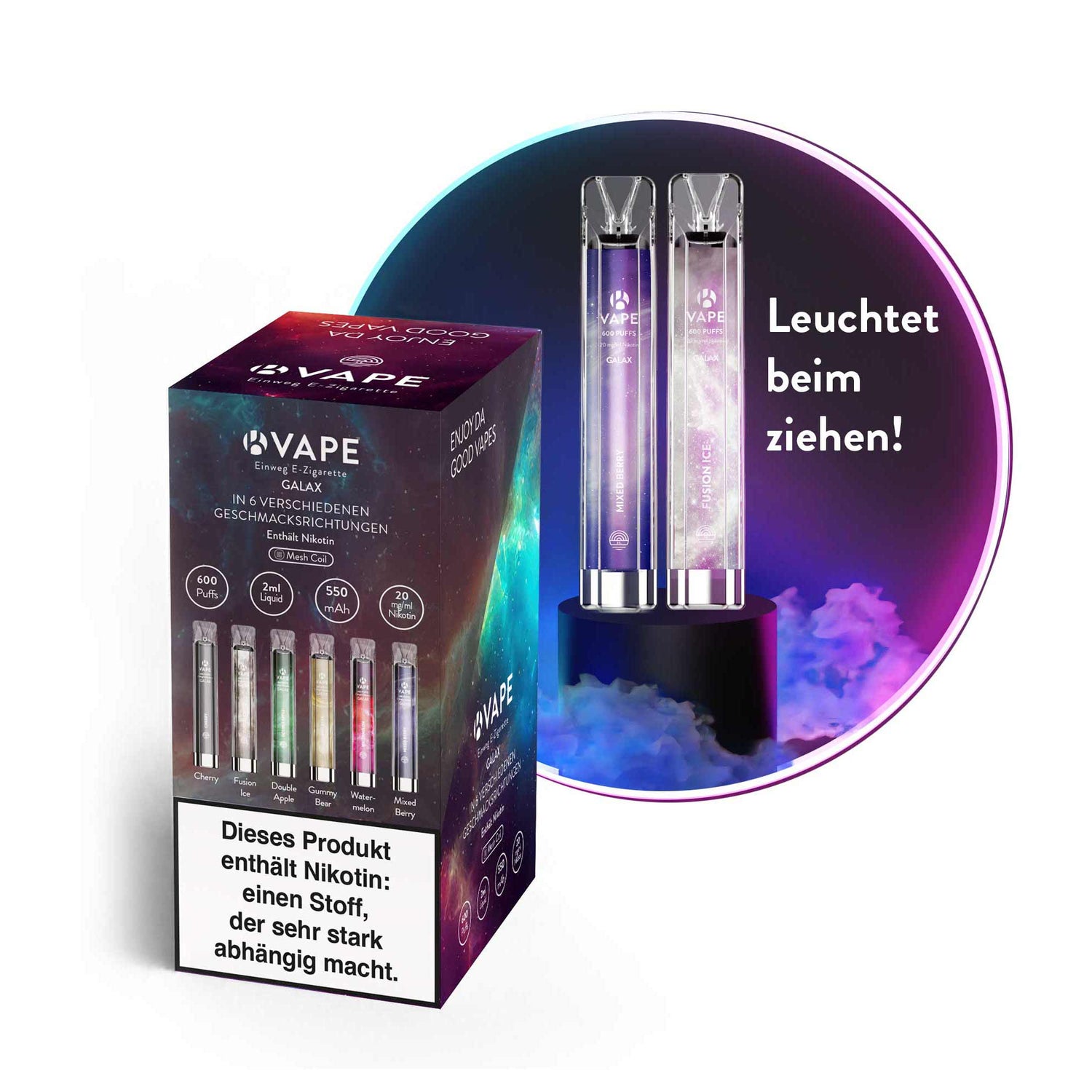 K-Vape GALAX Einweg-E-Zigaretten mit leuchtendem Effekt beim Ziehen. Verpackung zeigt 6 Geschmacksrichtungen wie Cherry, Grape Apple, Double Apple oder Mixed Berry. Geräte leuchten in violettem Lichtnebel – Hinweis: 'Leuchtet beim Ziehen!